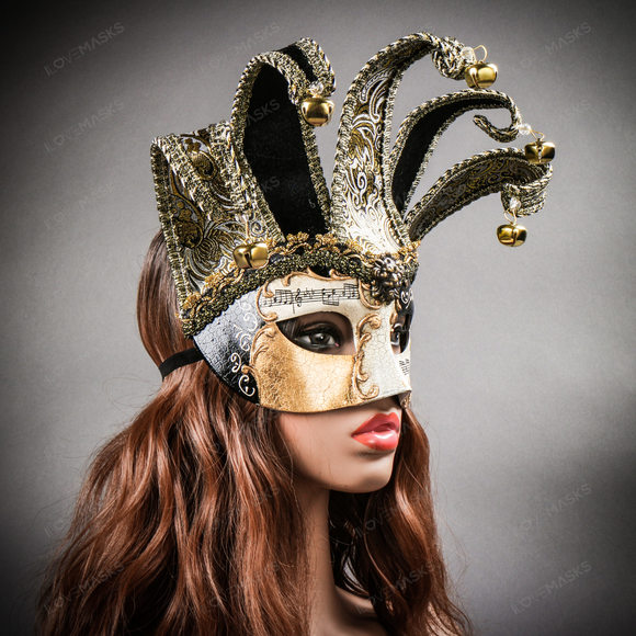 Jester Joker Venetian Musical Eye Mask with Bells - Black Gold - Picture 10 of 10